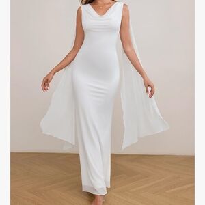Elegant White Maxi Dress with Flowing Cape